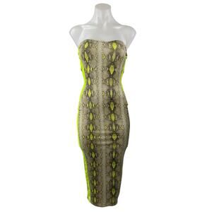 Goodtime USA Beige Neon Green Snakeskin Strapless Tube Bodycon Midi Dress Size S